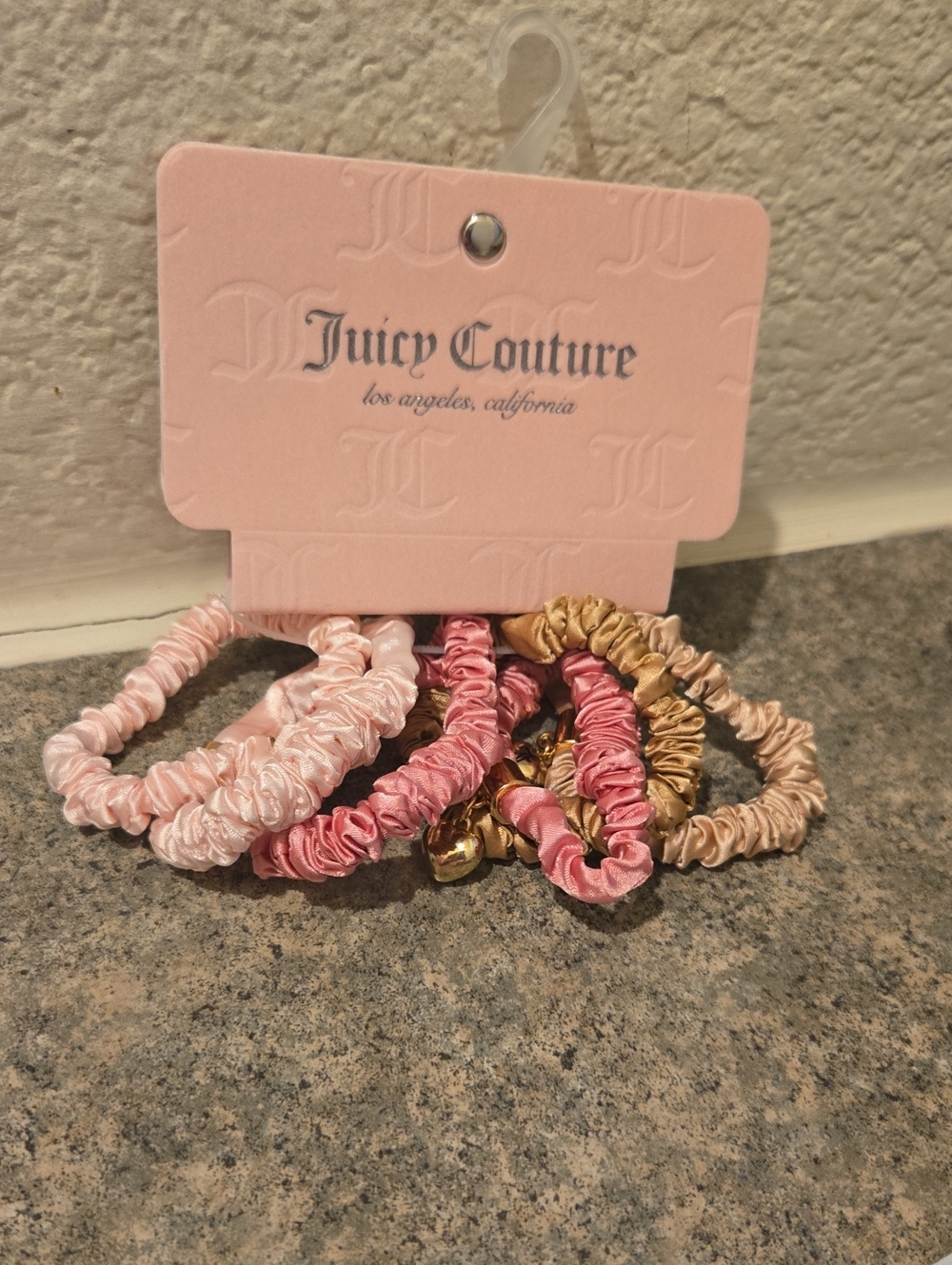 Juicy Couture Pink & Gold Satin Hair Scrunchie Set Of 6 New